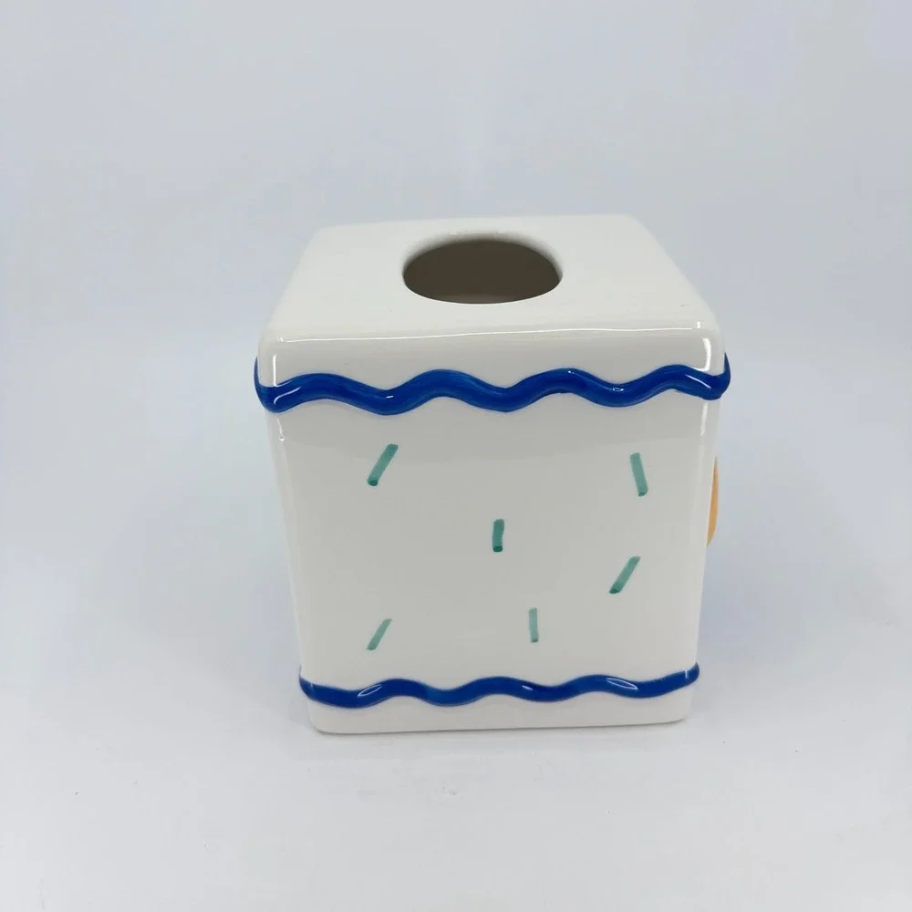 Bacova Guild Coco Dowley Fish Menagerie Ceramic Tissue Box Cover Cube White Blue